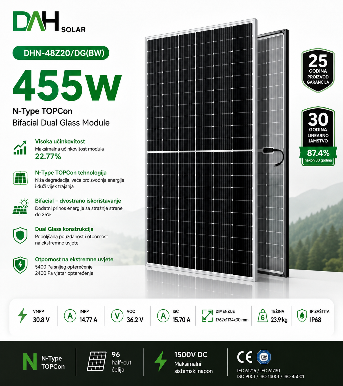 dah solar 455 DAH SOLAR DHN-48Z20/DG(BW) 455W solarni panel - Slika 1